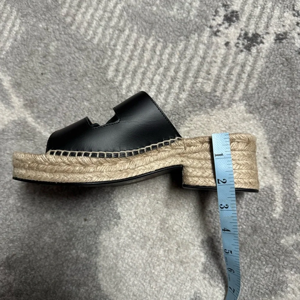 J. Crew Made in Spain Black Leather Gold Buckle Block Heel Espadrilles